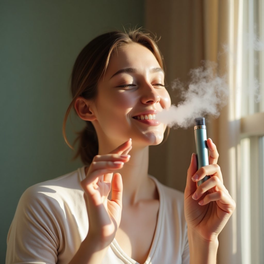 A realistic photo of a beginner vaping for the first time