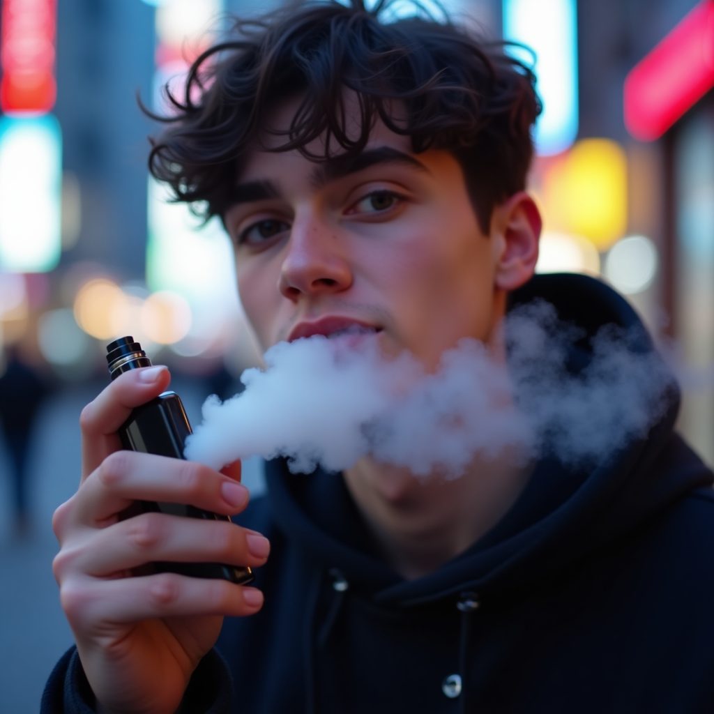 A young adult holding a sleek Vape